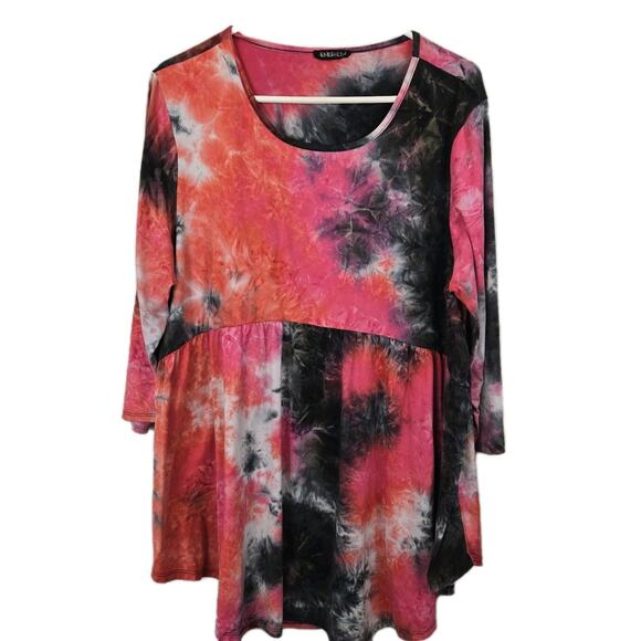 Tie Dye Swing Top 3/4 Sleeve Top 3X Pink Black Orange Hippie Boho Long Length - Picture 1 of 7